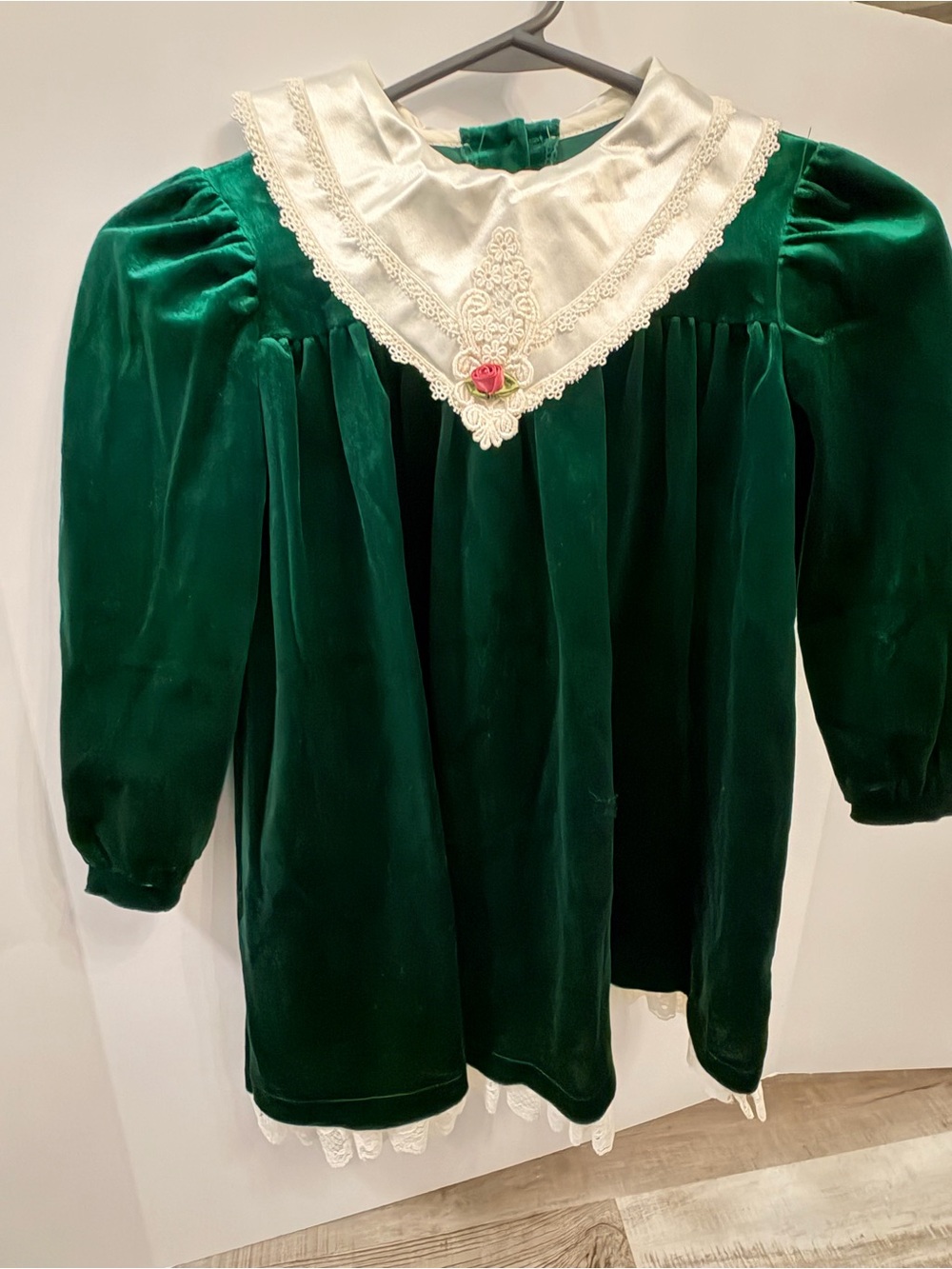 Vintage Rose Cottage Girls Green Velvet Holiday Dress Sz 6 Ivory Lace Collar Ros